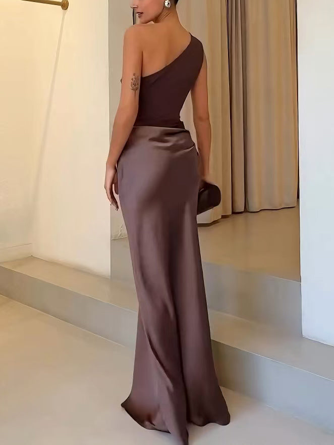 Elegant One-Shoulder Pleated Maxi Dress