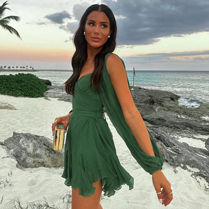 Deep V-Neck A-Line Dress with Ruffles