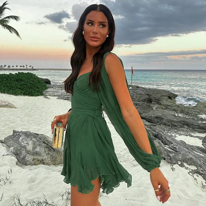 Deep V-Neck A-Line Dress with Ruffles