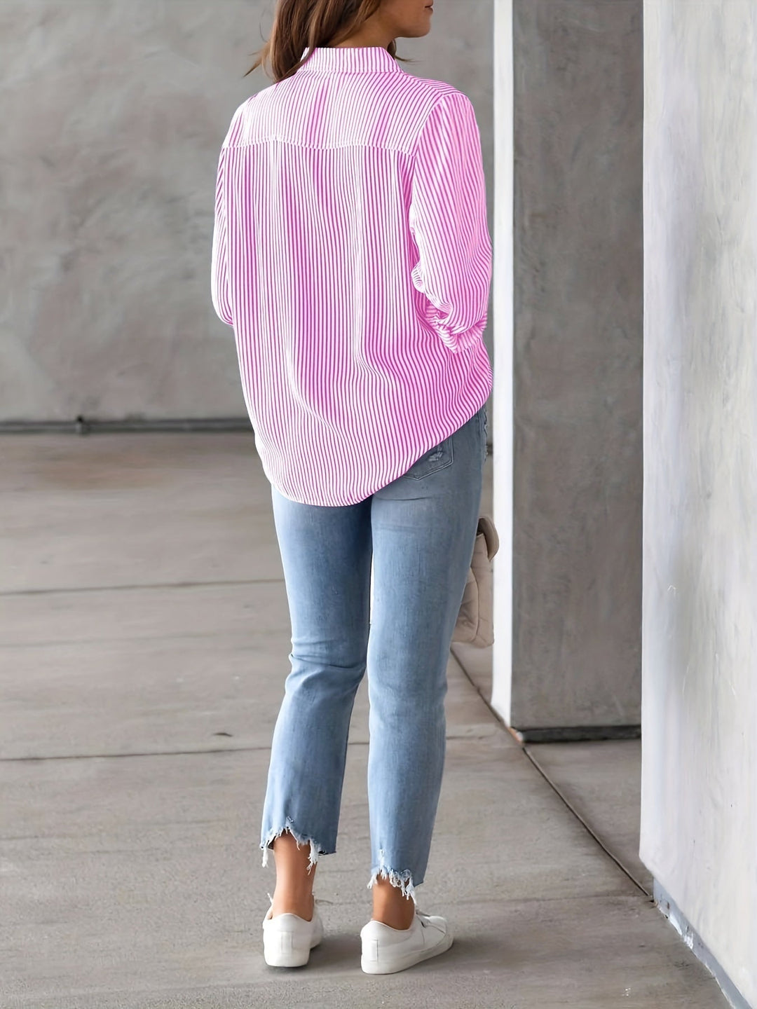 Elegant Striped Buttoned Polo Blouse