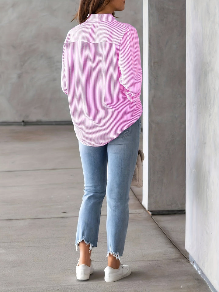 Elegant Striped Buttoned Polo Blouse