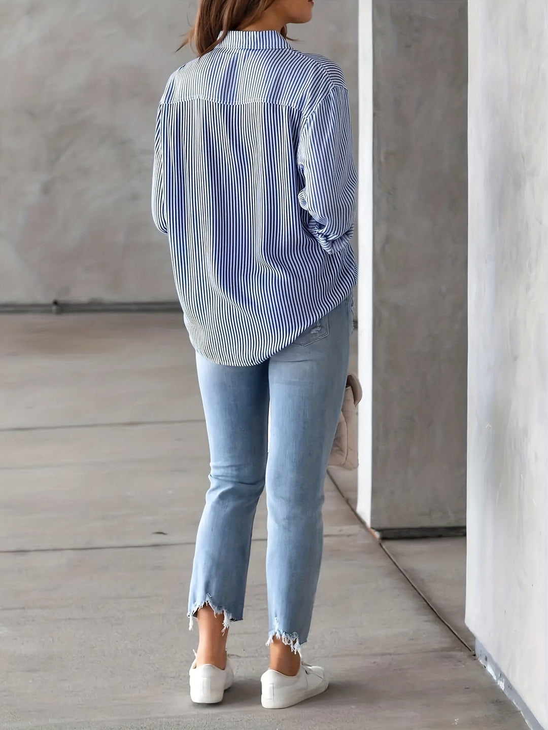 Elegant Striped Buttoned Polo Blouse