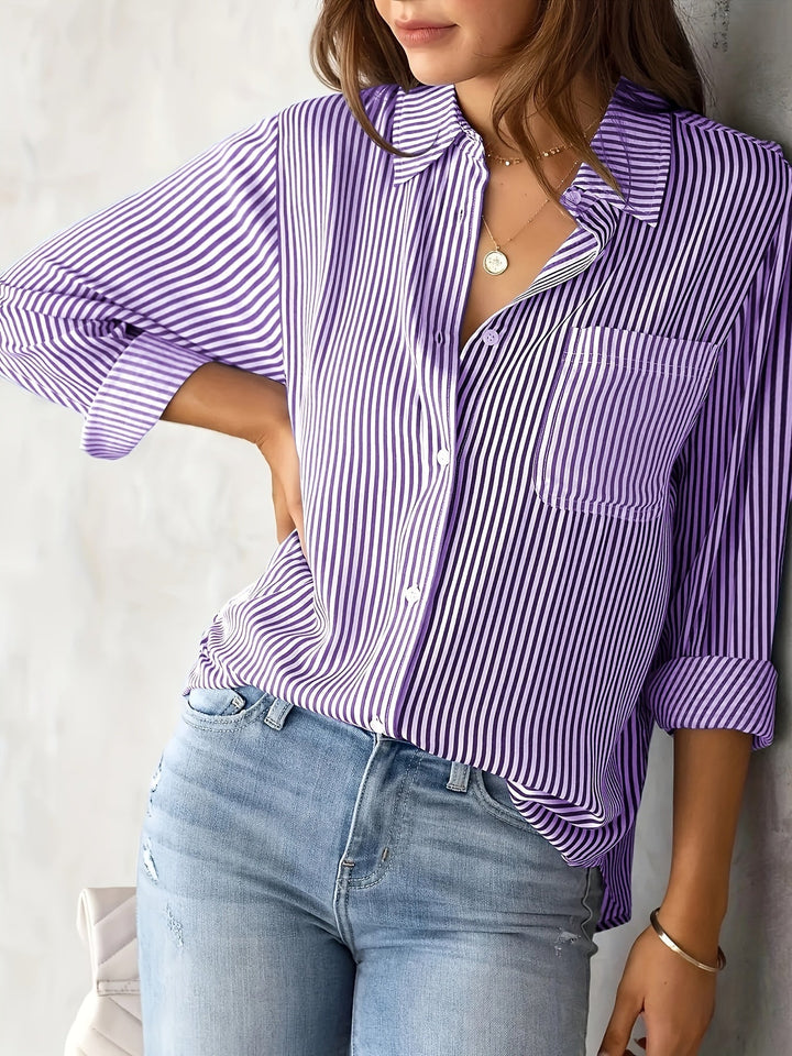Elegant Striped Buttoned Polo Blouse