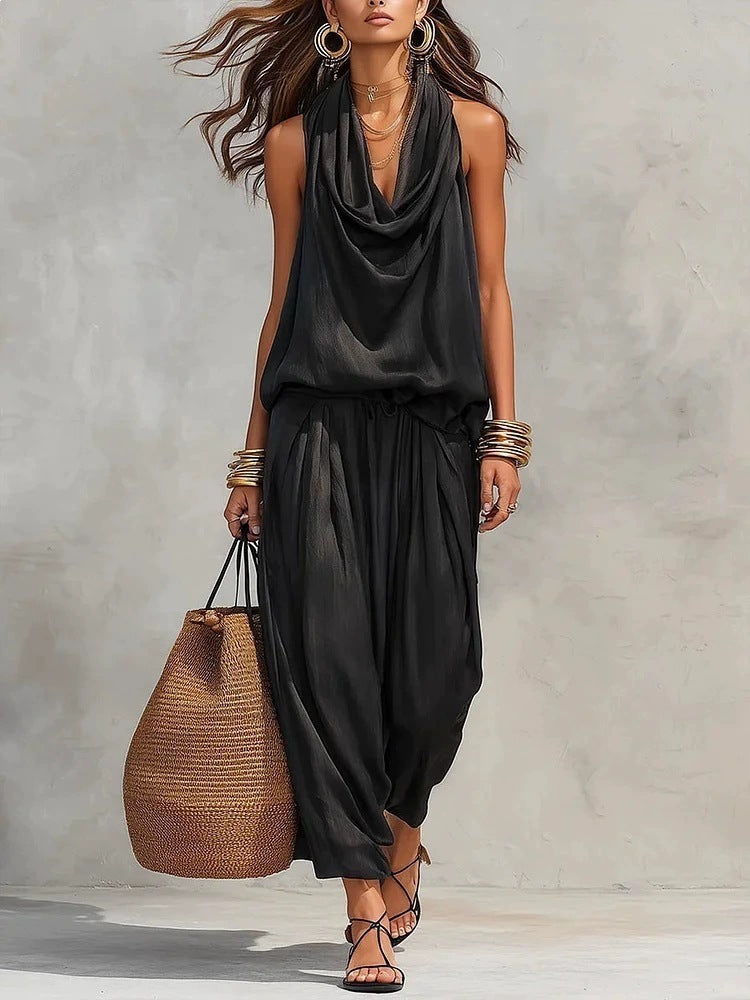 Sleeveless Cowl Neck Wide-Leg Jumpsuit