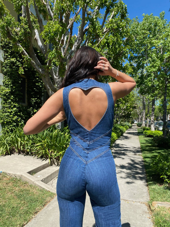 Denim Jumpsuit – Deep V-Neck & Flared Legs