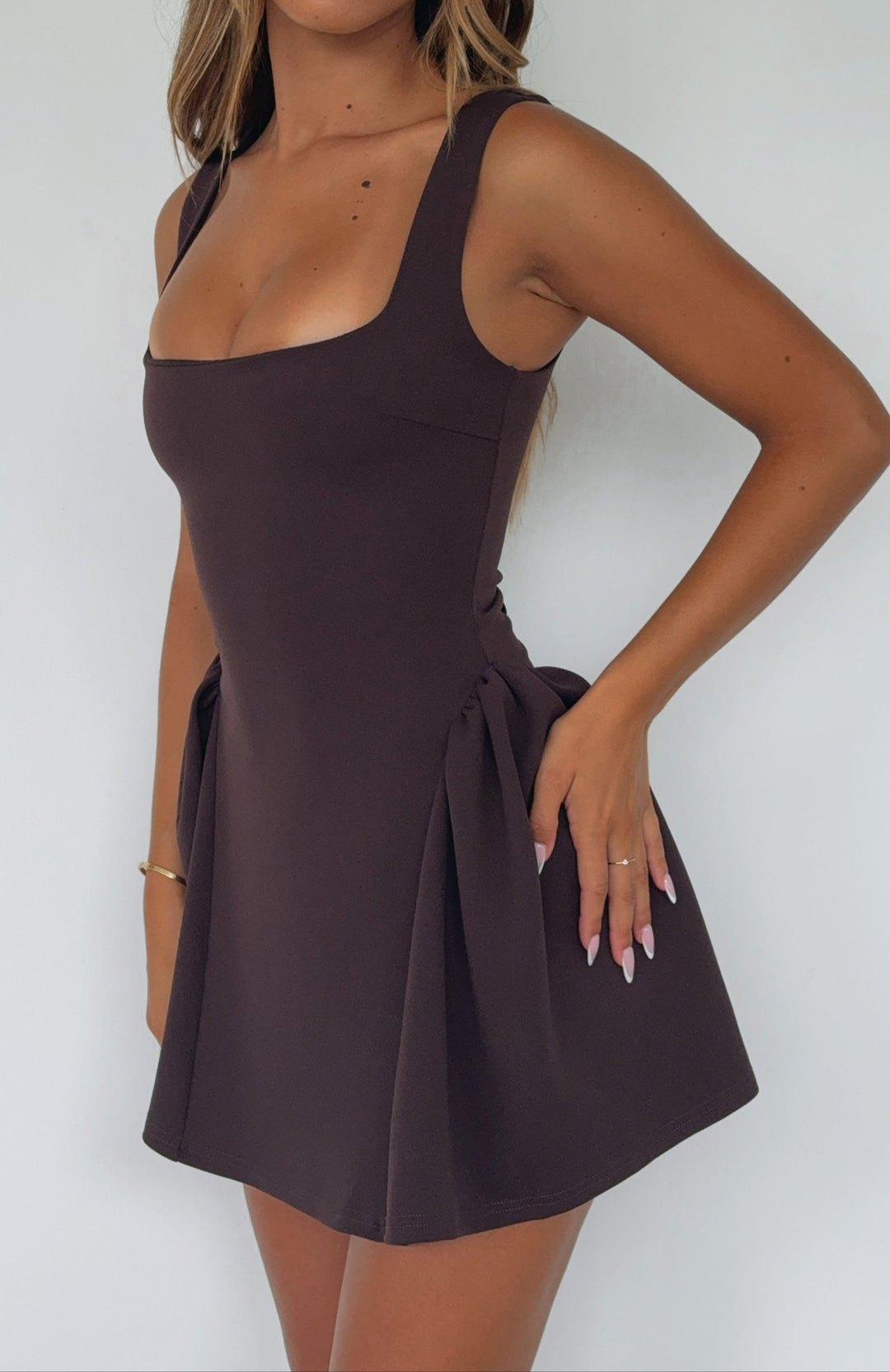 Chocolate Square Neck Lace-Up Mini Dress