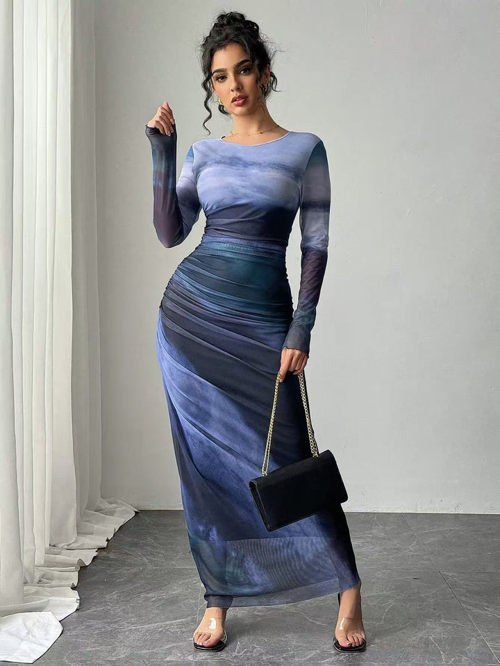 Comfy Printed Long Sleeve Round Neck Bodycon Maxi Dress