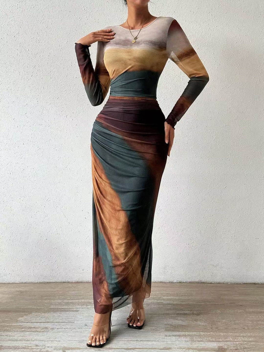 Comfy Printed Long Sleeve Round Neck Bodycon Maxi Dress