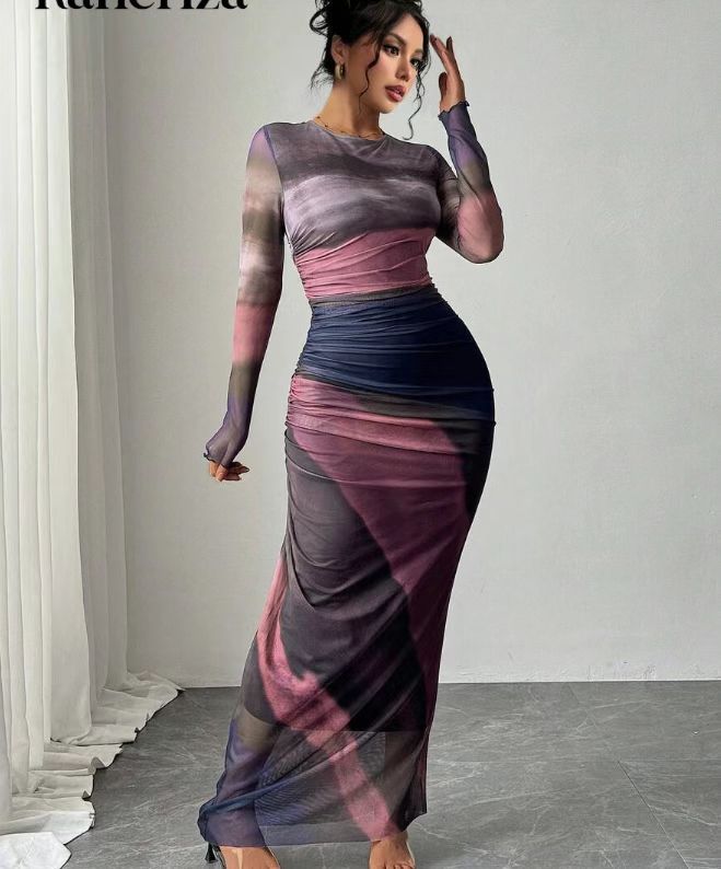 Comfy Printed Long Sleeve Round Neck Bodycon Maxi Dress