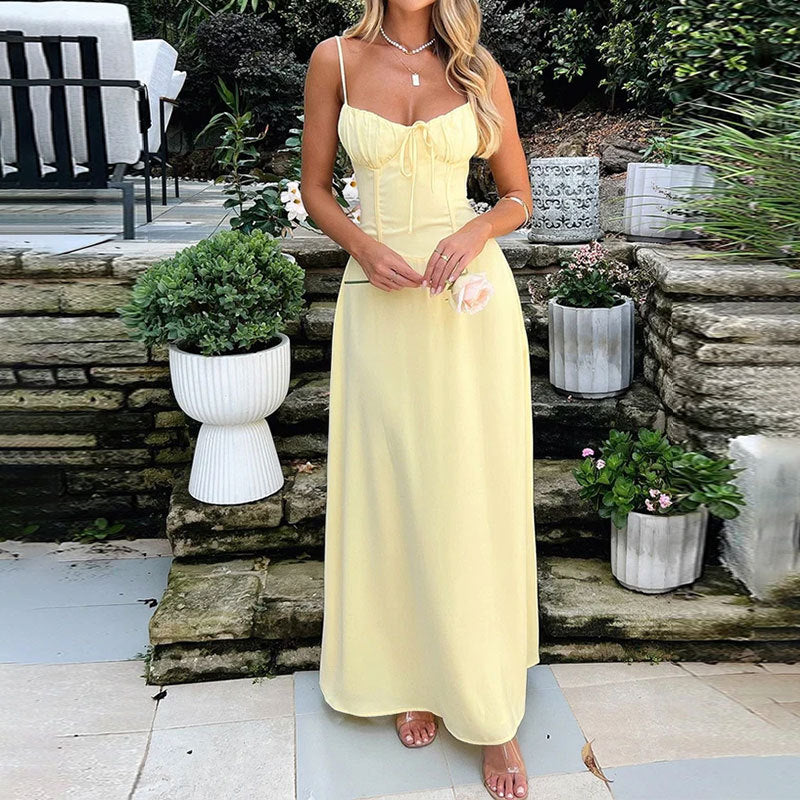 Summer Sleeveless Maxi Dress with Ruched Bodice