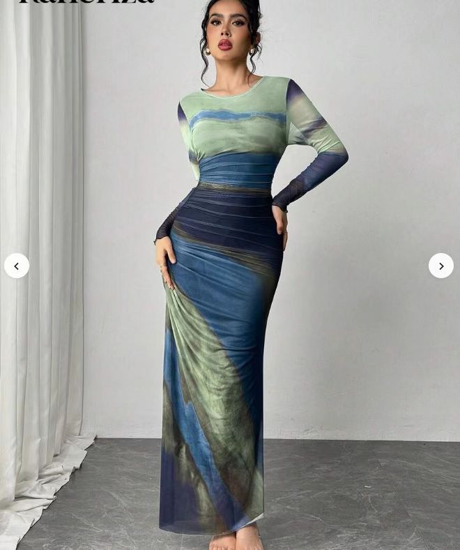 Comfy Printed Long Sleeve Round Neck Bodycon Maxi Dress