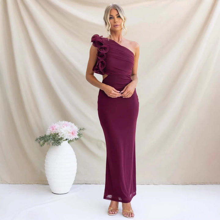 Elegant Wedding Guest Maxi Dress with Ruffle Shoulder