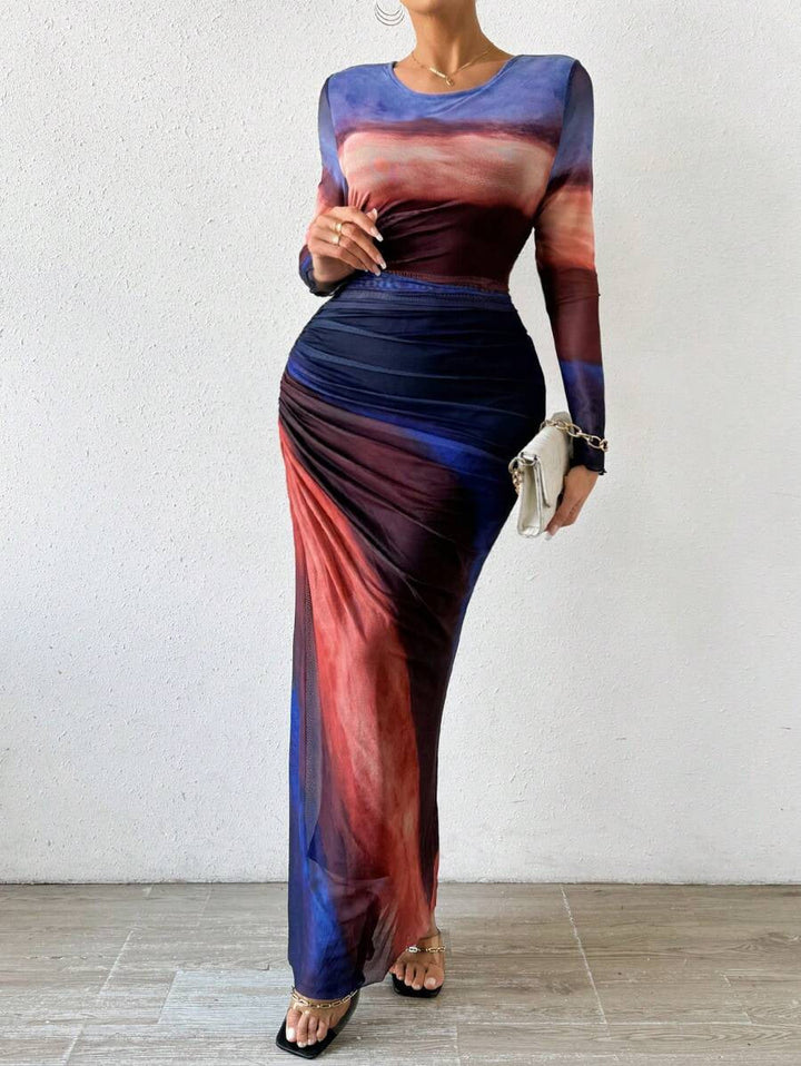 Comfy Printed Long Sleeve Round Neck Bodycon Maxi Dress