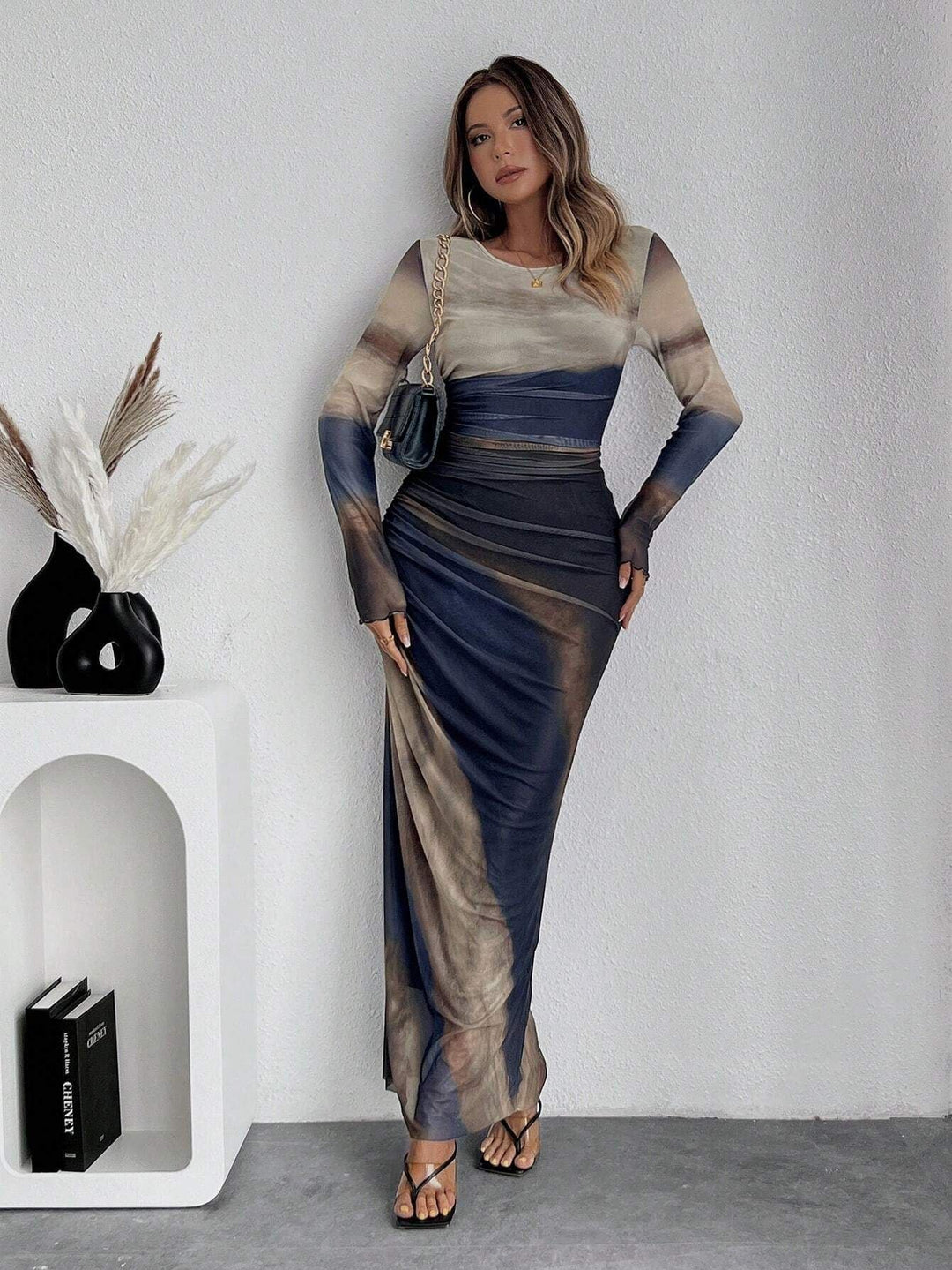 Comfy Printed Long Sleeve Round Neck Bodycon Maxi Dress