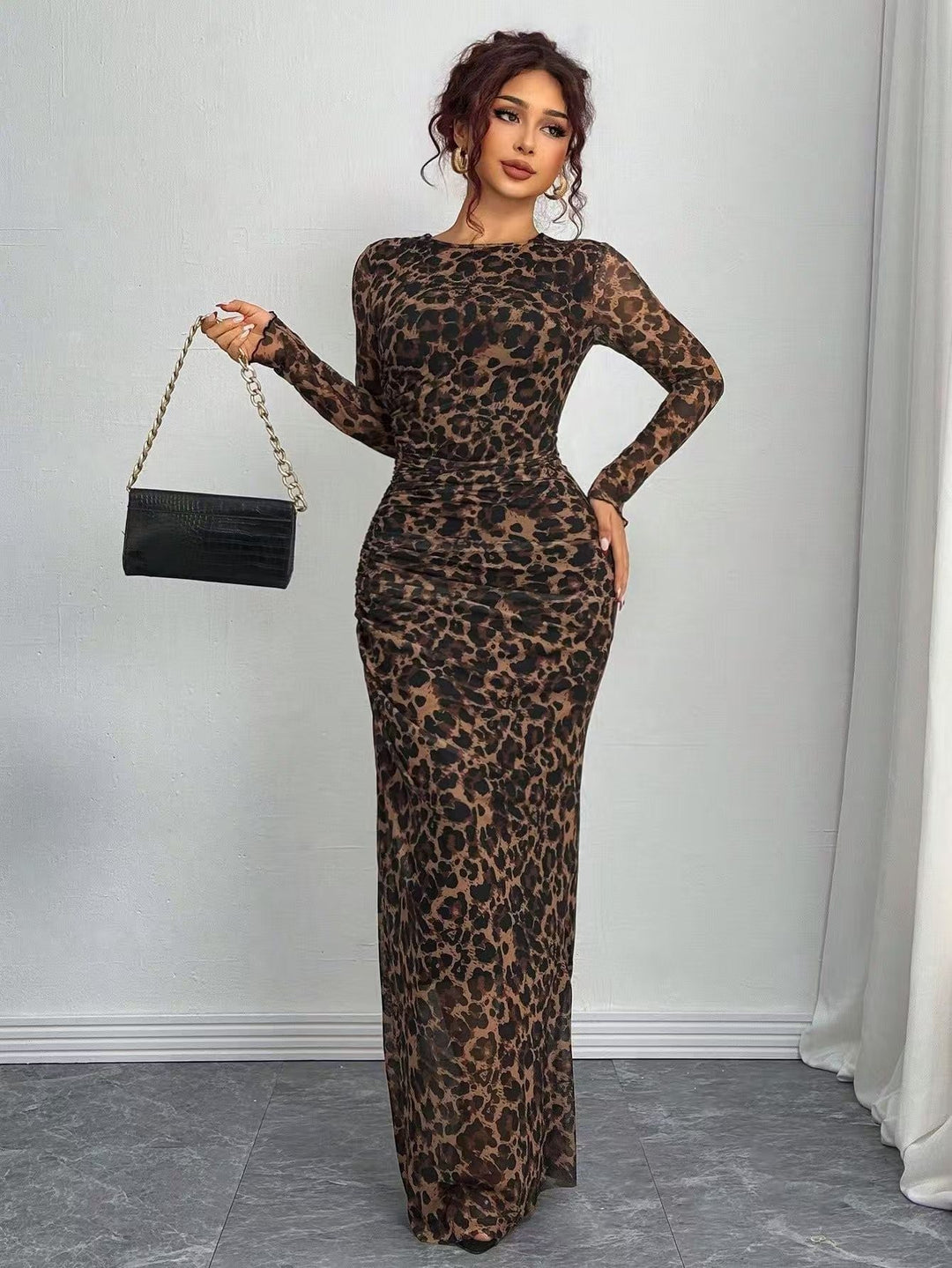 Comfy Printed Long Sleeve Round Neck Bodycon Maxi Dress