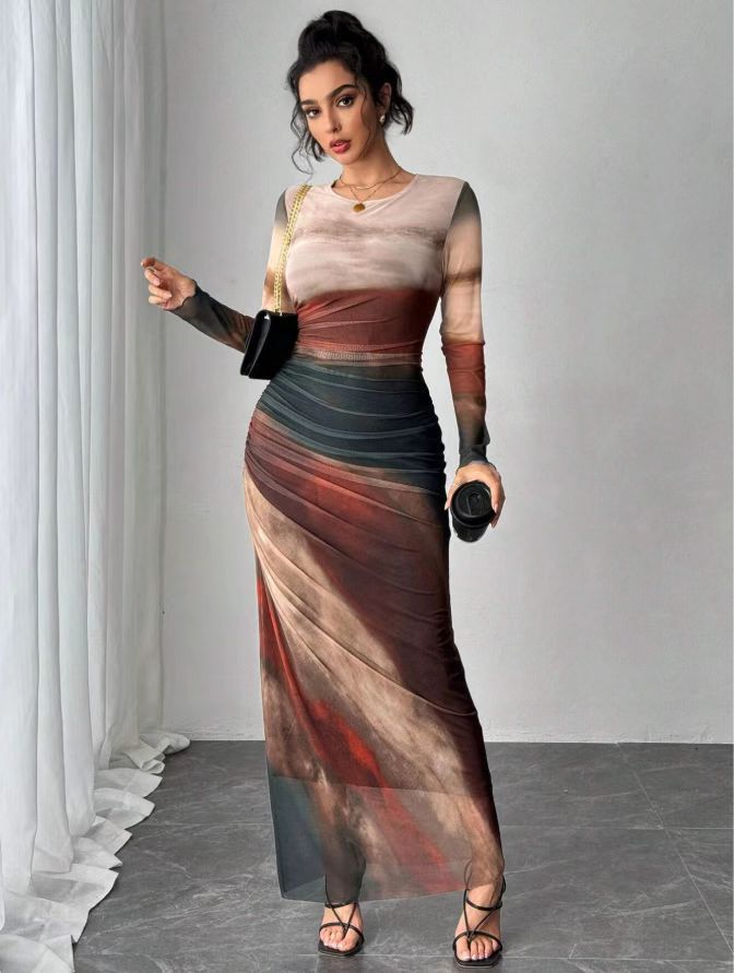 Comfy Printed Long Sleeve Round Neck Bodycon Maxi Dress
