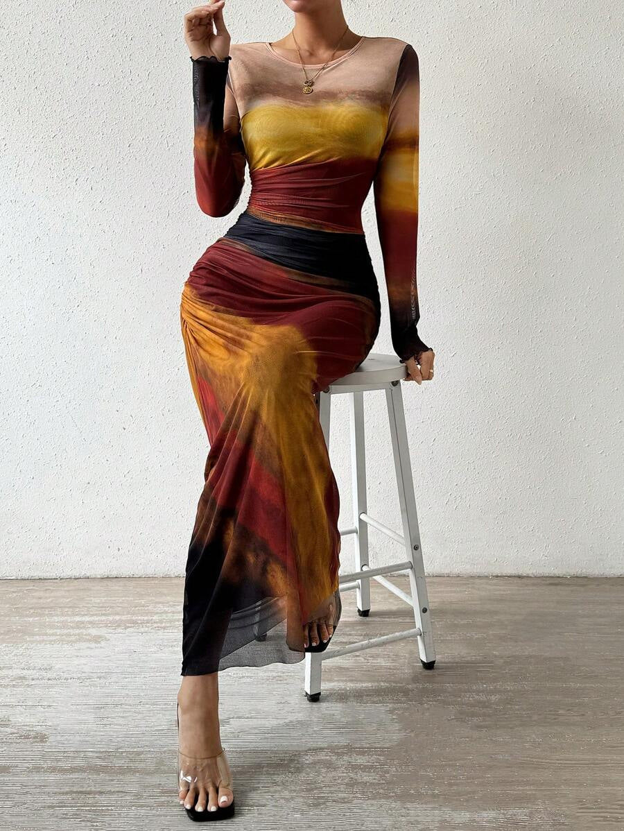 Comfy Printed Long Sleeve Round Neck Bodycon Maxi Dress