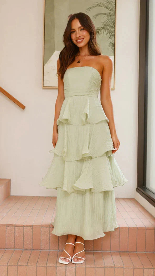 Strapless Tiered Ruffle Maxi Dress for Wedding Guests