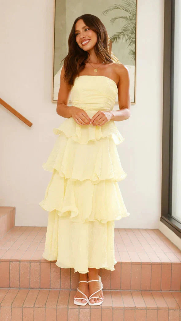 Strapless Tiered Ruffle Maxi Dress for Wedding Guests