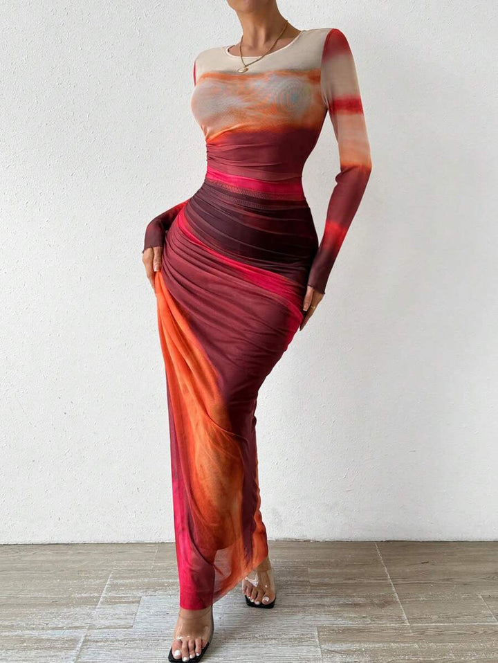 Comfy Printed Long Sleeve Round Neck Bodycon Maxi Dress