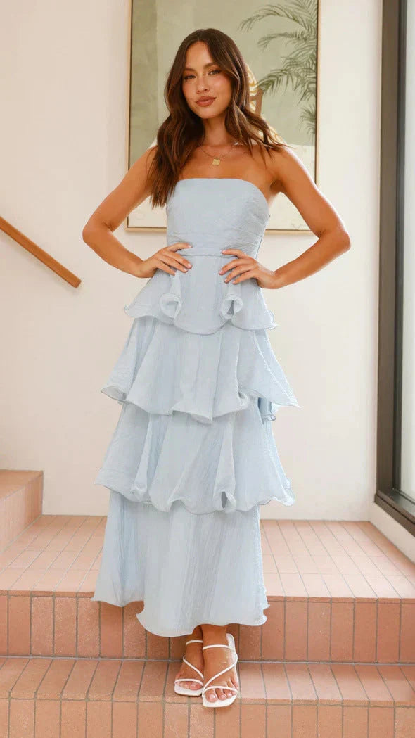 Strapless Tiered Ruffle Maxi Dress for Wedding Guests