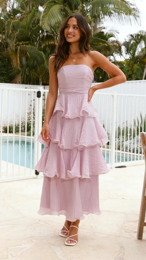 Strapless Tiered Ruffle Maxi Dress for Wedding Guests
