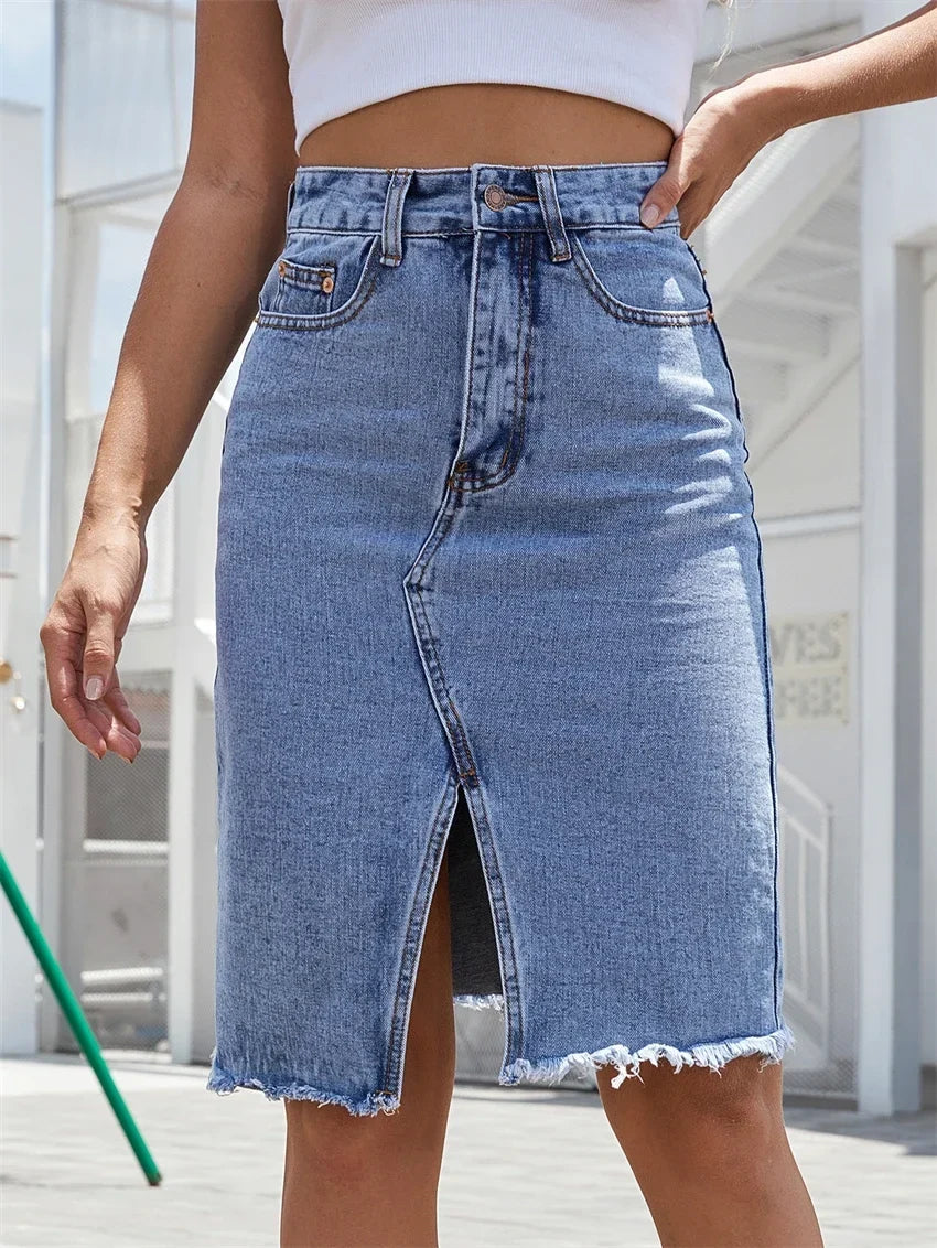 Casual Denim Midi Skirt with Front Slit