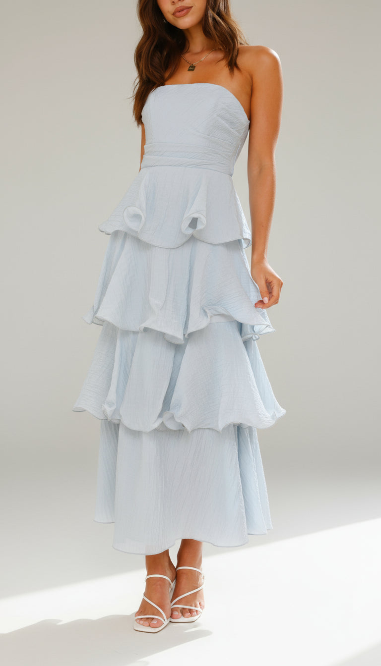 Strapless Tiered Ruffle Maxi Dress for Wedding Guests