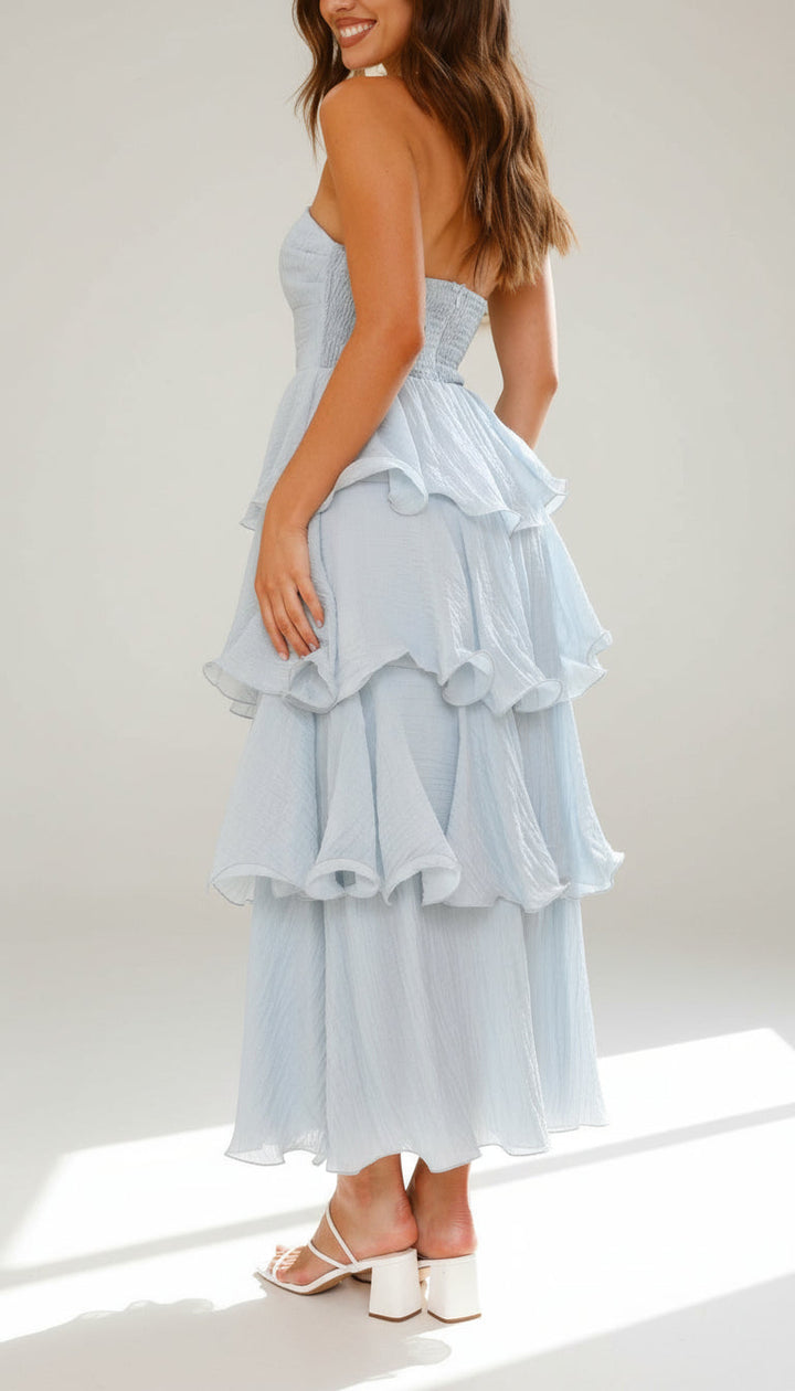 Strapless Tiered Ruffle Maxi Dress for Wedding Guests