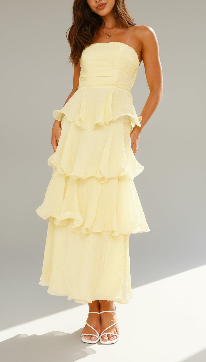 Strapless Tiered Ruffle Maxi Dress for Wedding Guests