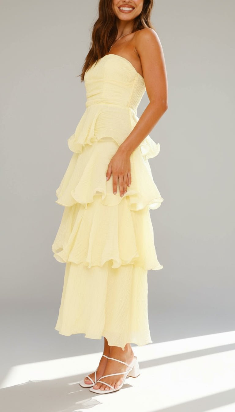 Strapless Tiered Ruffle Maxi Dress for Wedding Guests