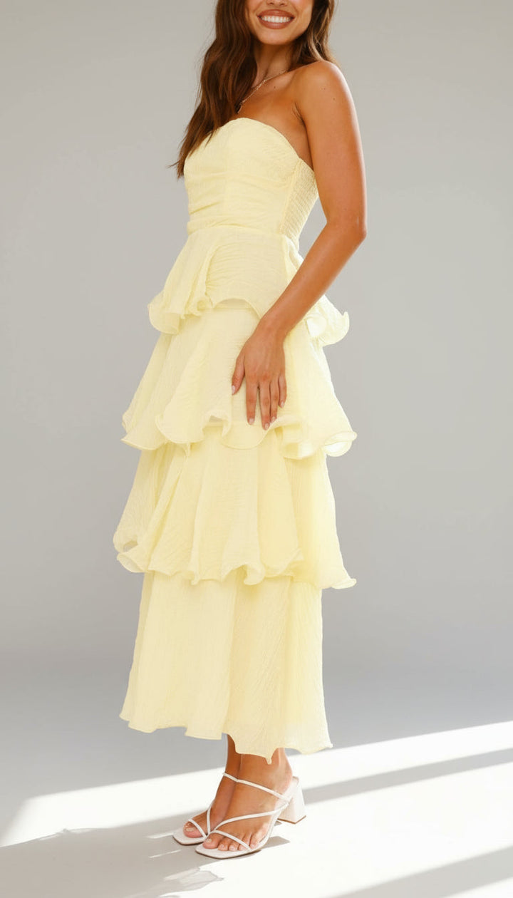 Strapless Tiered Ruffle Maxi Dress for Wedding Guests