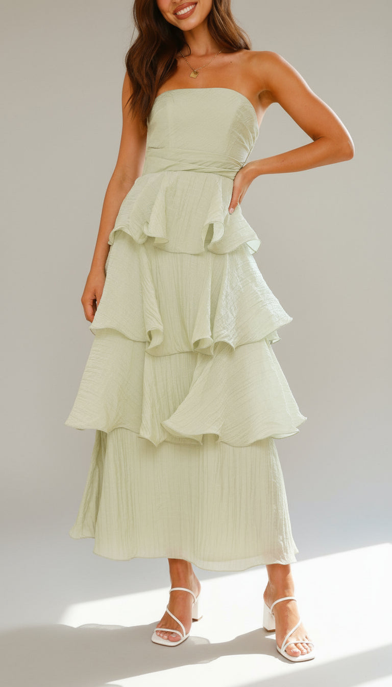Strapless Tiered Ruffle Maxi Dress for Wedding Guests