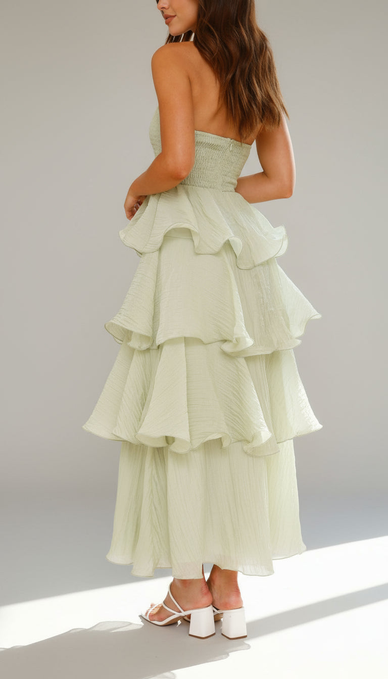 Strapless Tiered Ruffle Maxi Dress for Wedding Guests