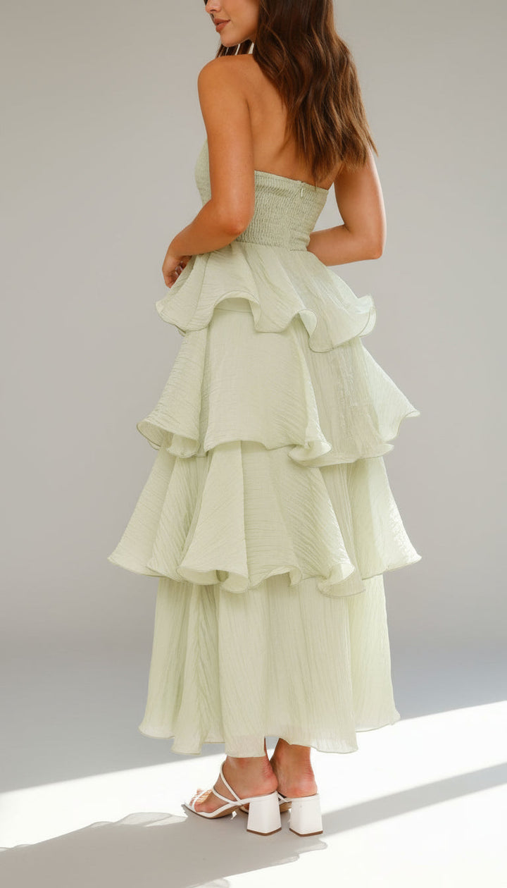 Strapless Tiered Ruffle Maxi Dress for Wedding Guests