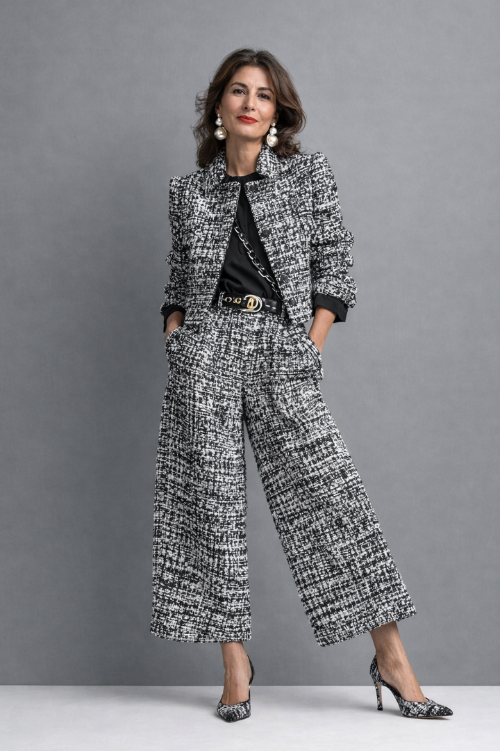 Tweed Cropped Jacket & Wide-Leg Pants Set
