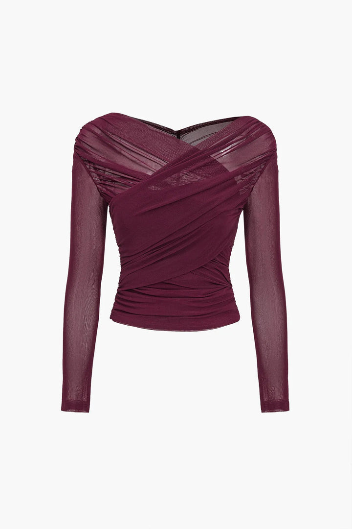 Ruched Mesh Long Sleeve Cross-Front Top