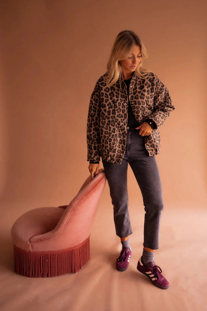 Leopard Print Bomber Jacket with Snap-Button Front