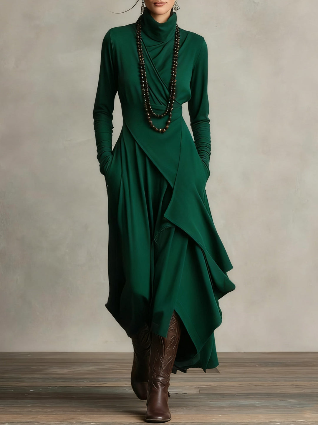 Asymmetric Draped Turtleneck Maxi Dress