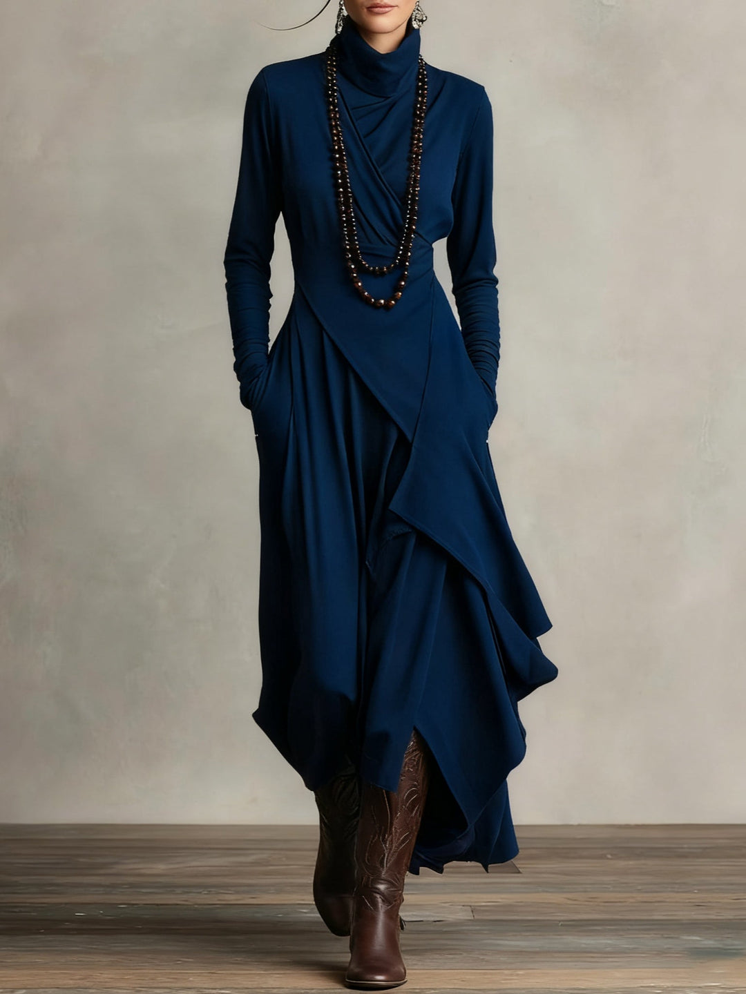 Asymmetric Draped Turtleneck Maxi Dress
