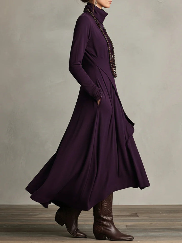 Asymmetric Draped Turtleneck Maxi Dress