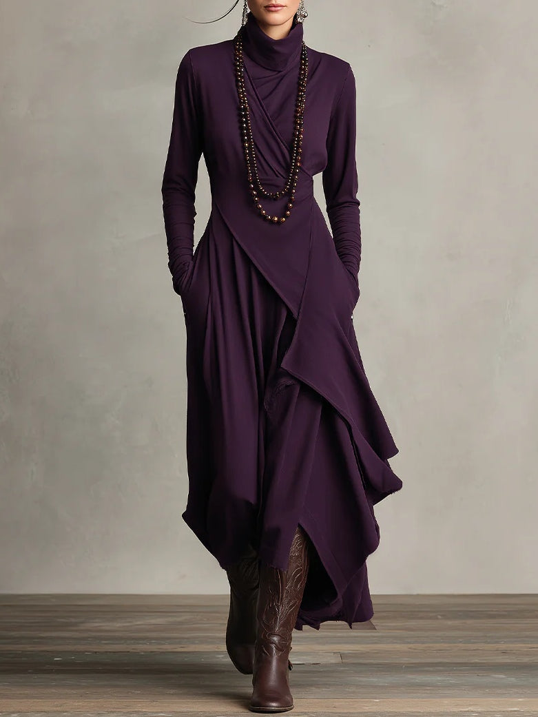 Asymmetric Draped Turtleneck Maxi Dress