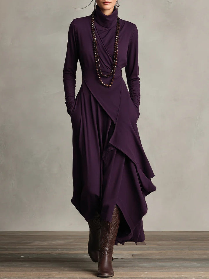 Asymmetric Draped Turtleneck Maxi Dress