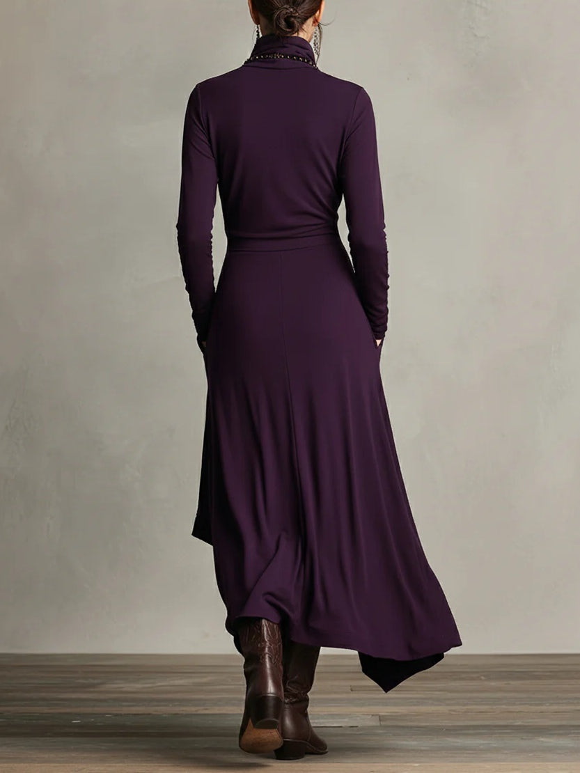 Asymmetric Draped Turtleneck Maxi Dress