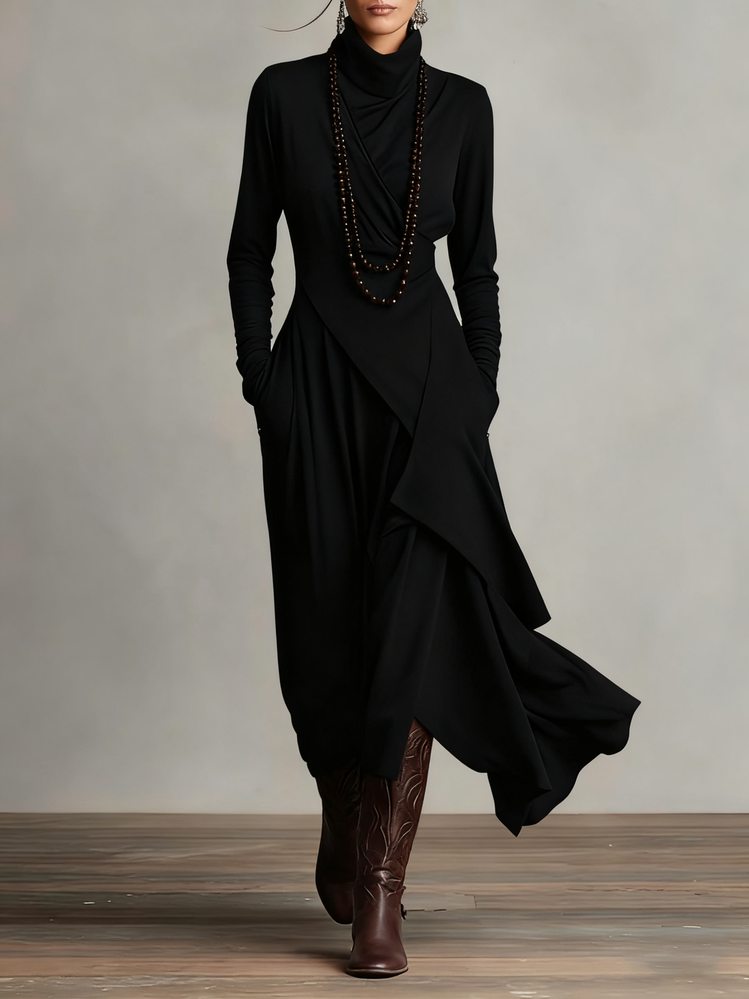 Asymmetric Draped Turtleneck Maxi Dress