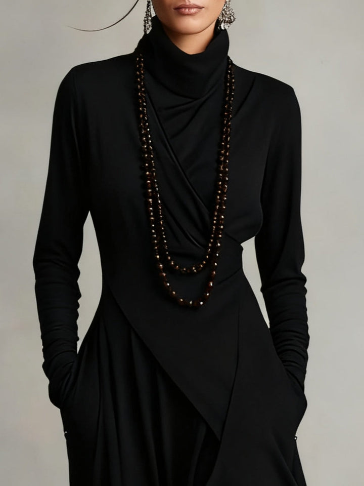 Asymmetric Draped Turtleneck Maxi Dress
