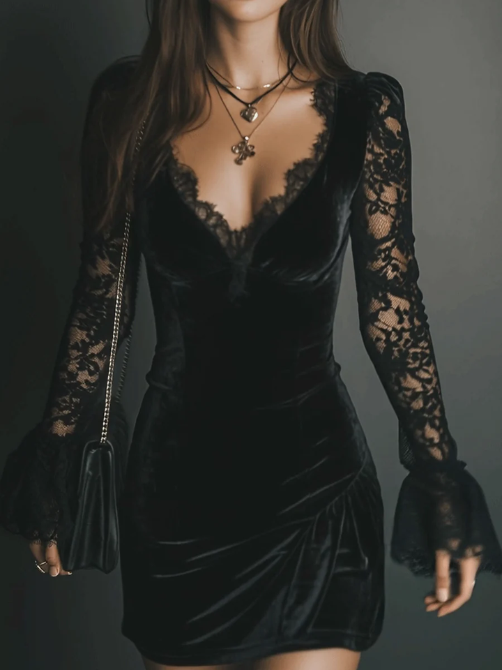 Velvet Mini Dress with Lace Detail