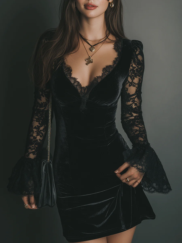 Velvet Mini Dress with Lace Detail