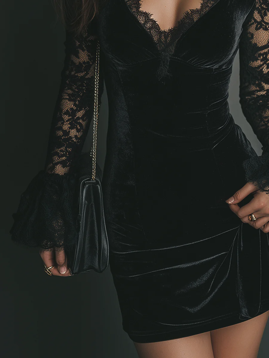 Velvet Mini Dress with Lace Detail