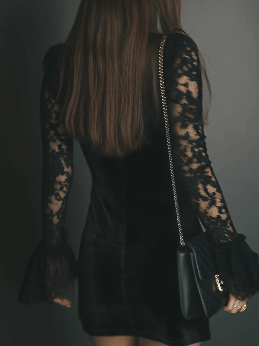 Velvet Mini Dress with Lace Detail